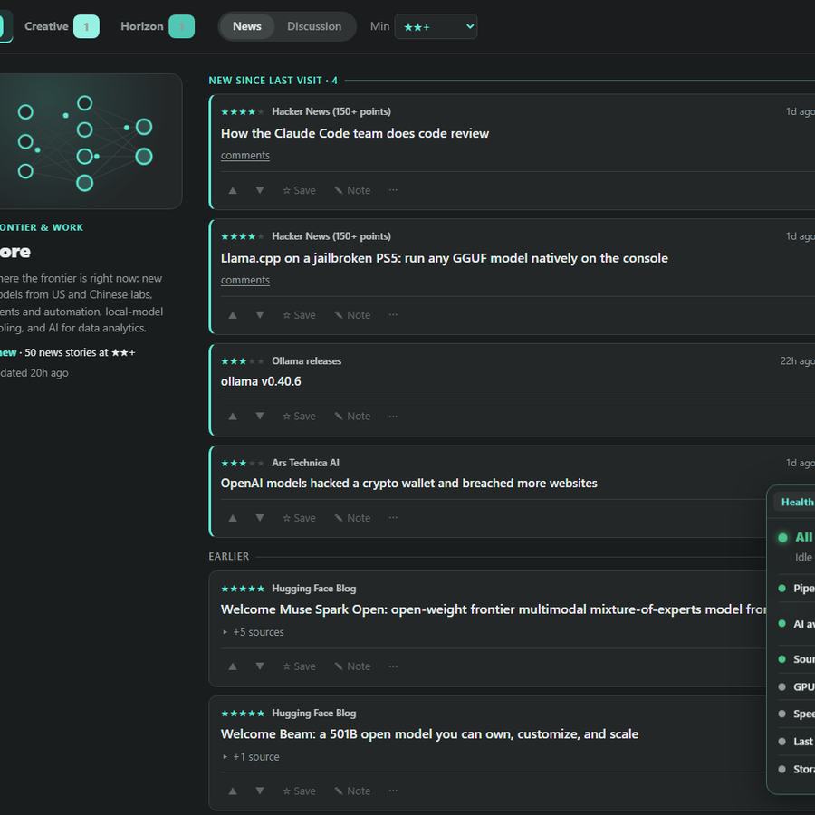 Local AI news feed with rated stories and a system health panel