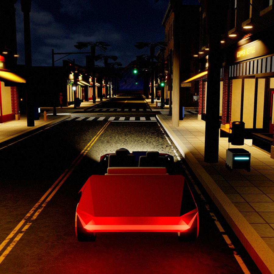 Driving game: a car on a desert town main street at night