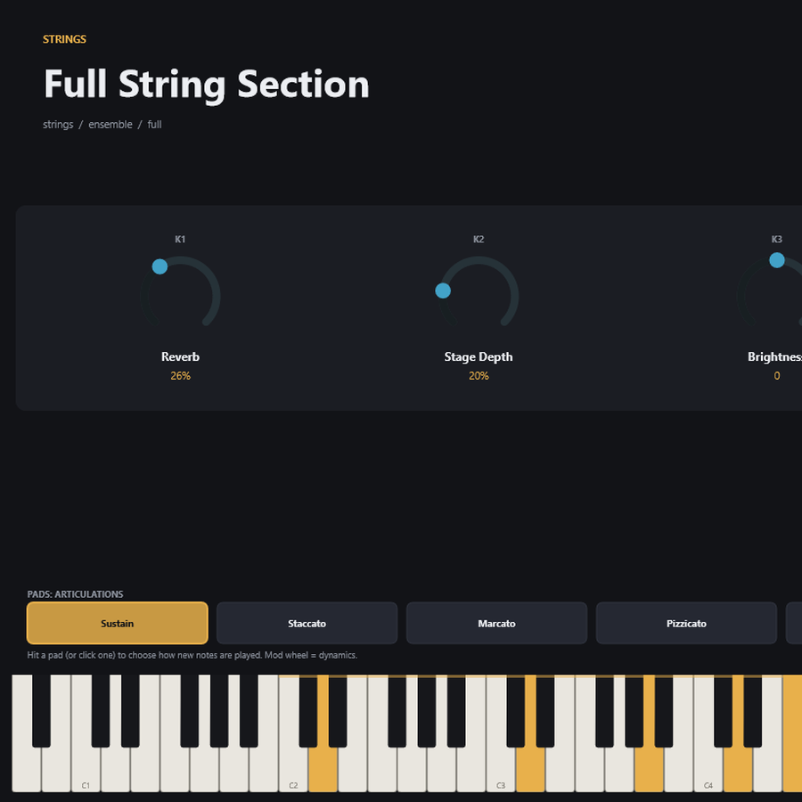 Software keyboard instrument with a string-section preset loaded